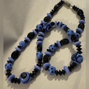 Elegant Blue and Black Glass Beaded Necklace